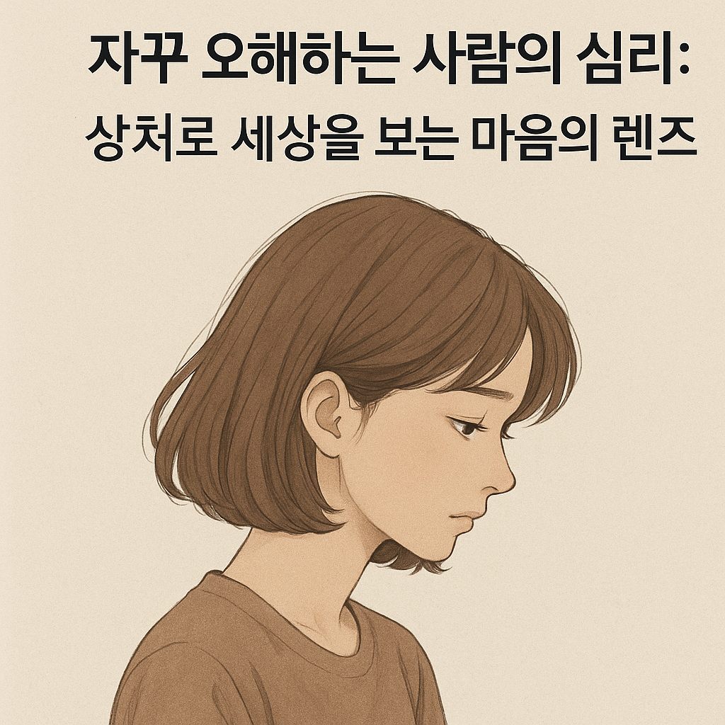 감성적인 배경 위에 “자꾸 오해하는 사람의 심리”라는 제목 문구가 중앙에 적힌 정사각형 이미지.