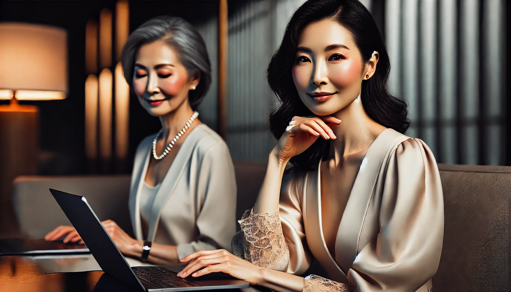 우아하고 성숙한 두 명의 동양 여성이 다크 모드를 활용하는 모습. 한 명은 노트북을 사용하며 미소를 짓고 있으며, 다른 한 명은 고급스러운 분위기 속에서 세련된 태도로 앉아 있다. 부드러운 조명이 공간을 감싸며, 편안하고 럭셔리한 분위기를 연출