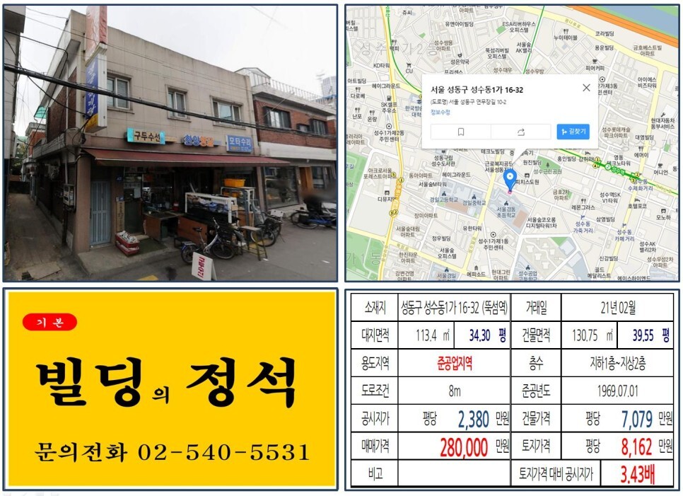  [성동구 성수동수제화거리 20억 꼬마빌딩 실거래가 조회] 성수동1가 16-32 (뚝섬역) 28억 원, 평당 8,162만 원 매매되었습니다. 갤러