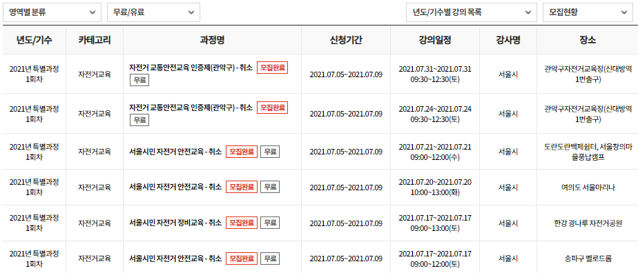 서울시 평생학습포털에서 자전거 교통안전교육 인증제 교육입니다