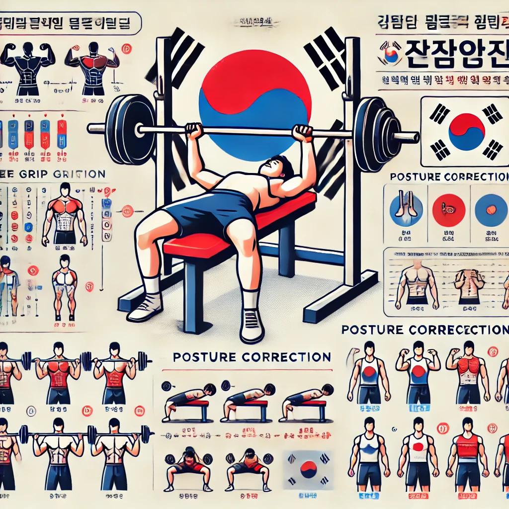 한국 스타일 인포그래픽, 올바른 벤치프레스 그립 선택법, 근육 성장과 힘을 위한 그립, 벤치프레스 자세 교정, 한글 설명 포함, 전통 한국 디자인 요소