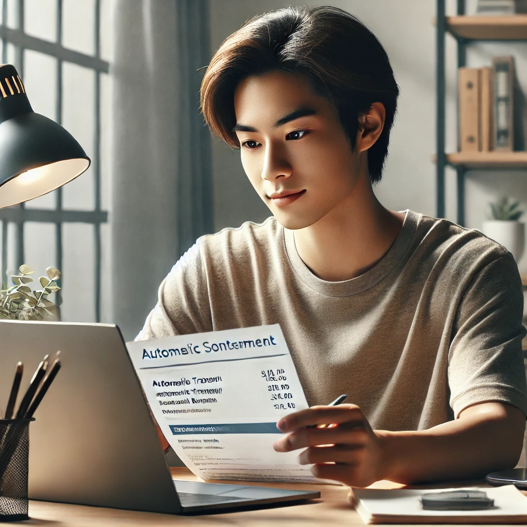 청년이 노트북으로 은행 명세서를 확인하는 모습.