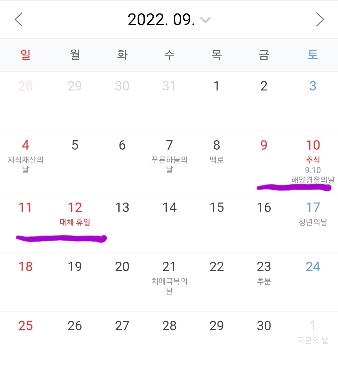 2022년 대체공휴일 황금연휴 1월1일~12월(12)*