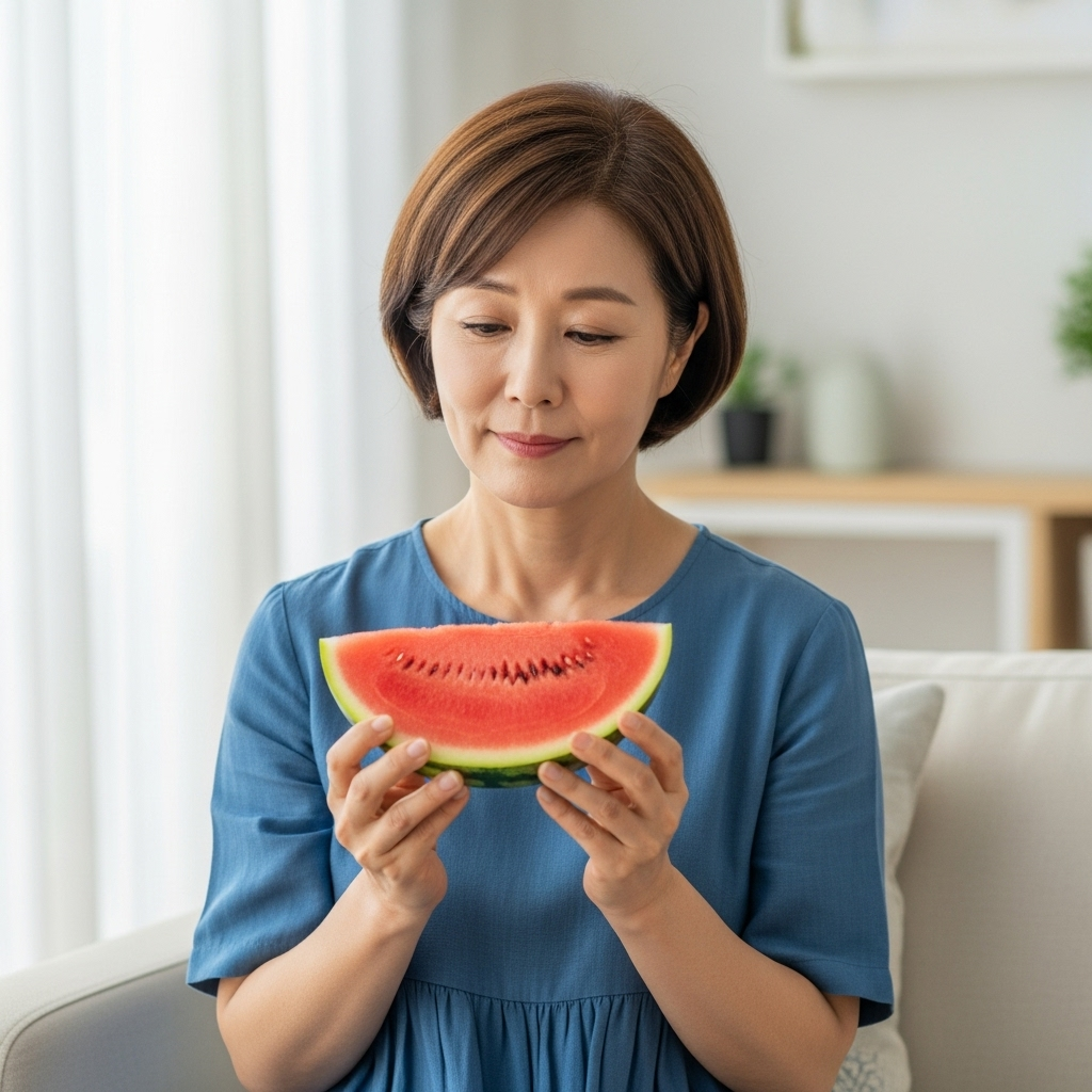 [이미지 1: 한 50대 한국인 여성이 시원한 거실에서 수박 한 조각을 들고 잠시 망설이다가 이내 결심한 듯 미소 짓는 모습]