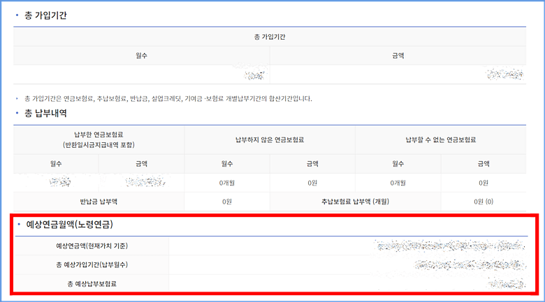 국민연금 가입기간과 납부내역이 금액으로 나와있다