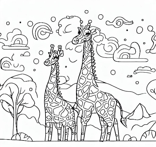 들 판에 서 있는 두 마리 기린 색칠 도안