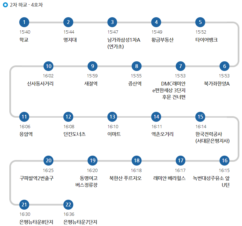 명지초 4호차 셔틀 월/화/목/금 2차 하교 노선 시간표