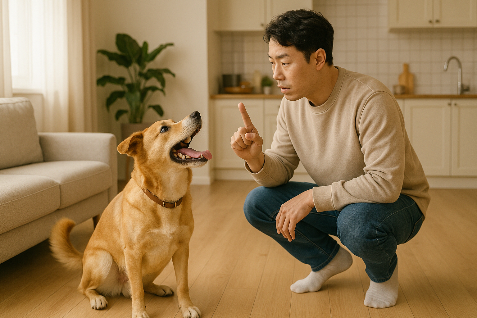 밥시간이 다가오자 짖거나 들떠 있는 강아지와, ‘앉아’ 훈련으로 진정시키려는 보호자의 모습