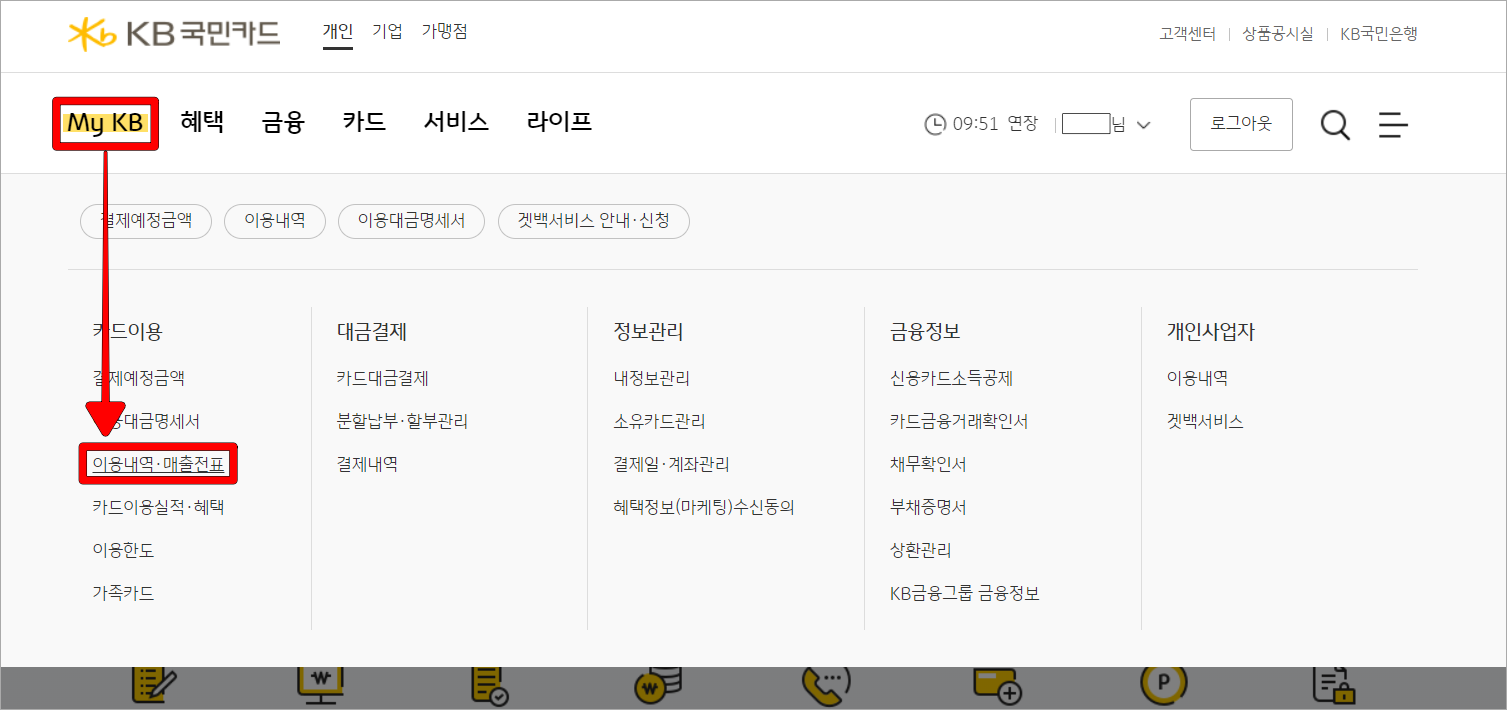 국민카드 홈페이지의 My KB 메뉴를 선택하고, 세부 메뉴의 이용내역·매출전표를 선택