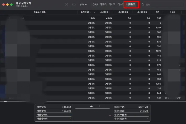 활성 상태 보기 > 네트워크 탭