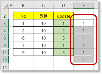 화면에 보이는 셀 선택 및 숫자 1 입력
