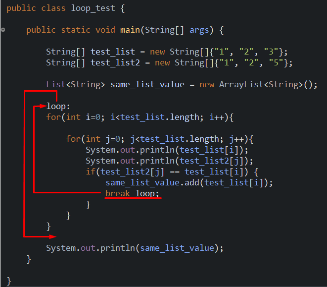 [Java] break를 goto()처럼 쓰는 방법 (루프가 2개 일 때 루프 탈출 위치 정하는 방법)