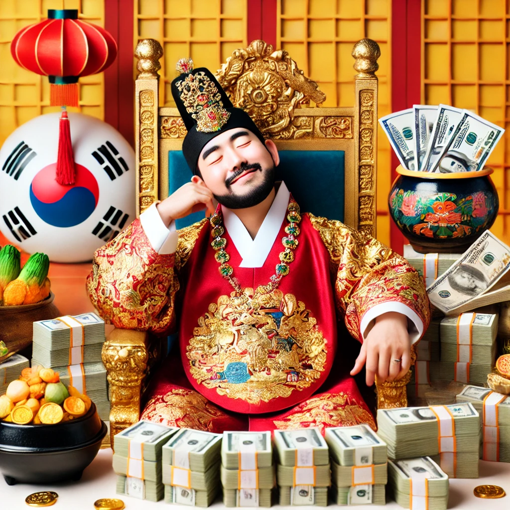 한국 전통 한복을 입은 부자가 돈으로 만든 왕좌에 앉아 
유쾌하게 재산을 과시하는 모습.