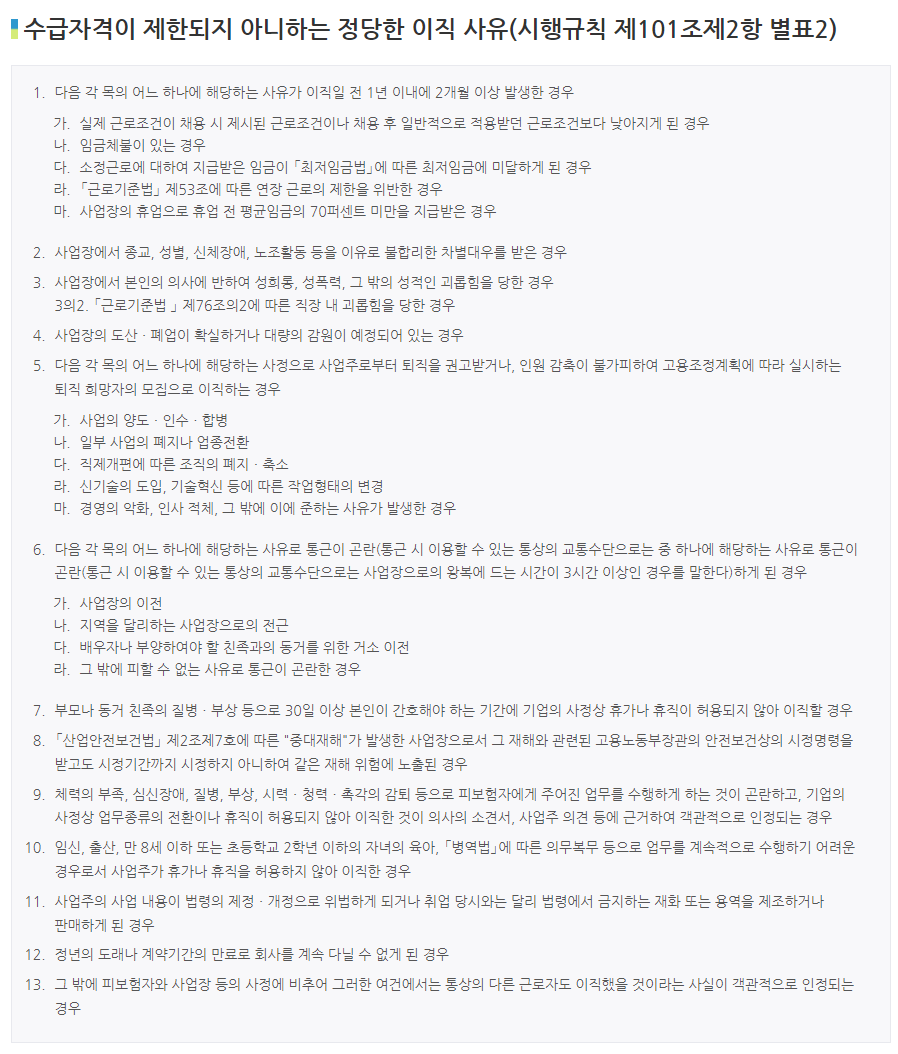 구직급여 수급자격이 인정되는 정당한 이직 사유 표