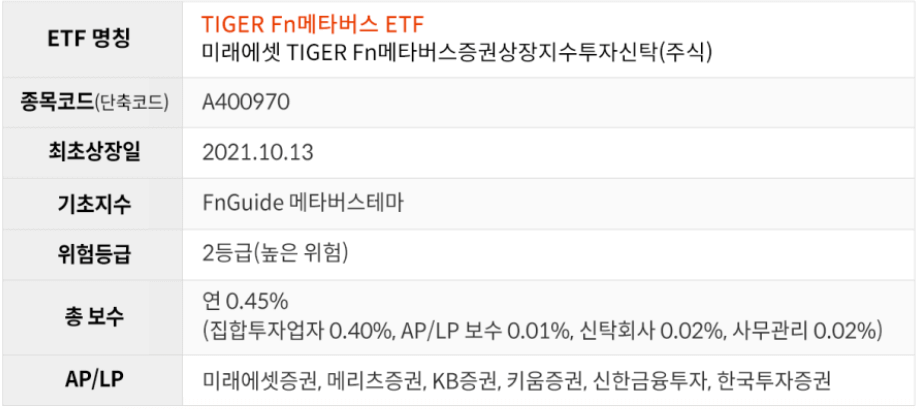 TIGER Fn메타버스 기본정보 요약 표