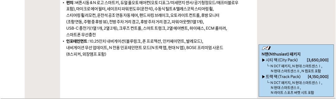 2026 아반떼 N 가격, 기본 품목 및 N팬 패키지