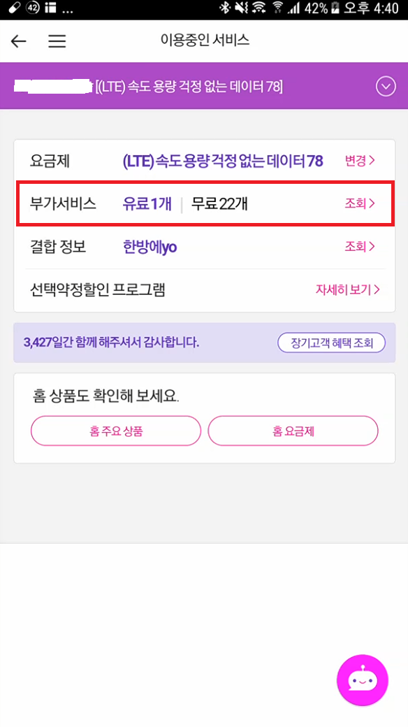 이용중인 부가서비스