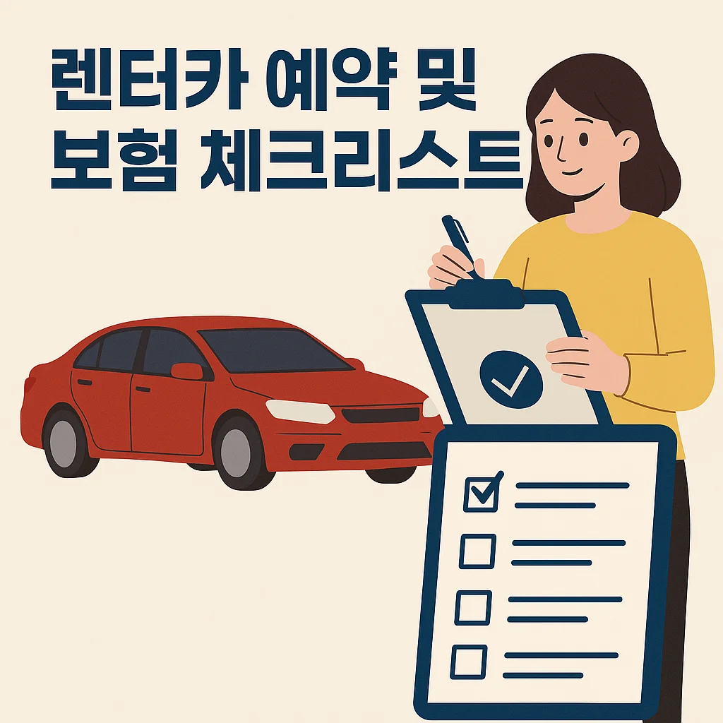 Illustration of a woman holding a checklist beside a red car, with the title "Car Rental Booking & Insurance Checklist" in Korean