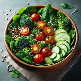 시금치, 케일, 브로콜리, 오이, 방울토마토가 들어간 샐러드 한 접시