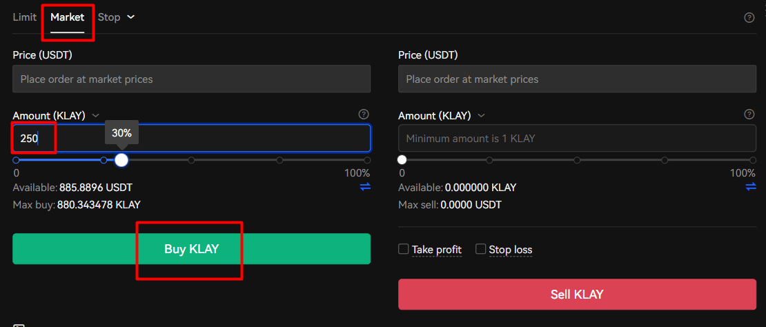 KLAY/USDT 마켓에서 클레이튼 250개를 시장가로 매수하는 사진