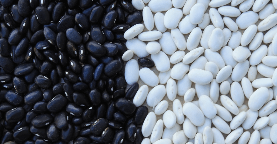 절반의 비율로 검은콩과 흰 콩이 함께 놓여 있다