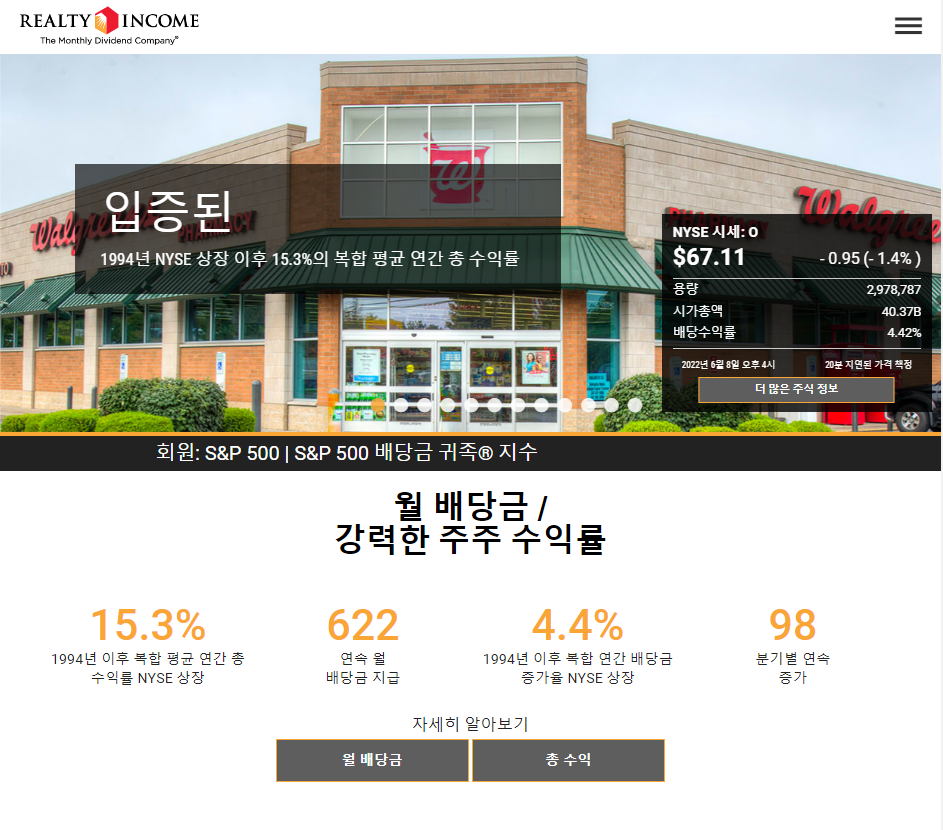  리얼티인컴 배당금 및 기업정보 알아보기
