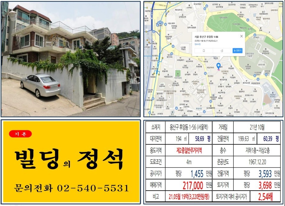  [용산구 GTX 20억 꼬마빌딩 실거래가 조회] 후암동 1-56 (서울역) 21억 7,000만 원, 평당 3,698만 원 매매되었습니다.