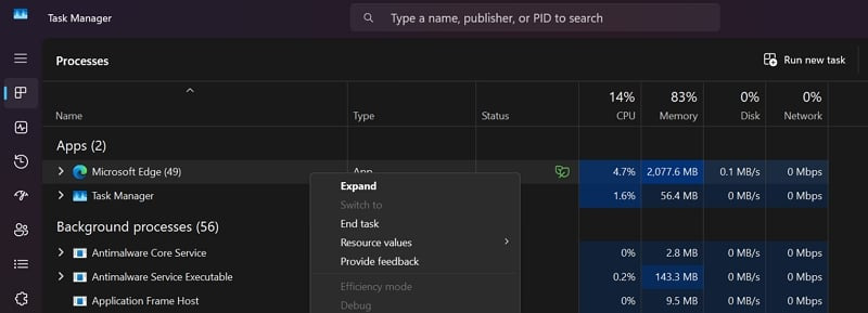 윈도우 태스크 매니저 메뉴