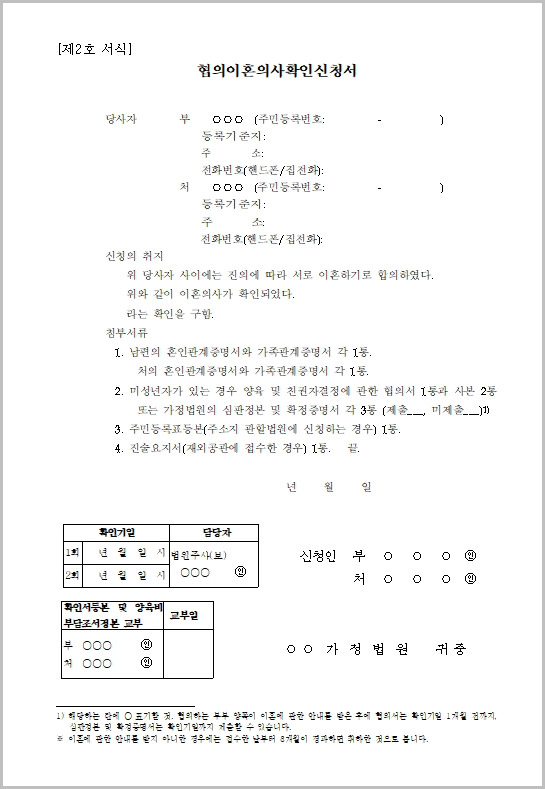  이혼신고서 양식 다운로드: 협의이혼의사확인신청서 외