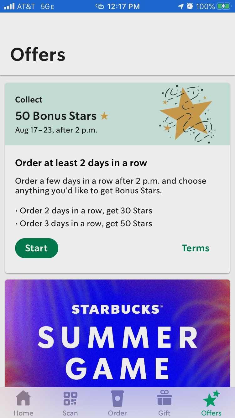 screenshot of Starbucks app&#44; showing offers