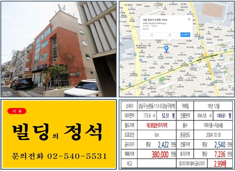  [강남구 서울세관사거리 30억 꼬마빌딩 실거래가 조회] 논현동 113-3 (강남구청역) 38억 원, 평당 7,236만 원 매매되었습니다. 경남제