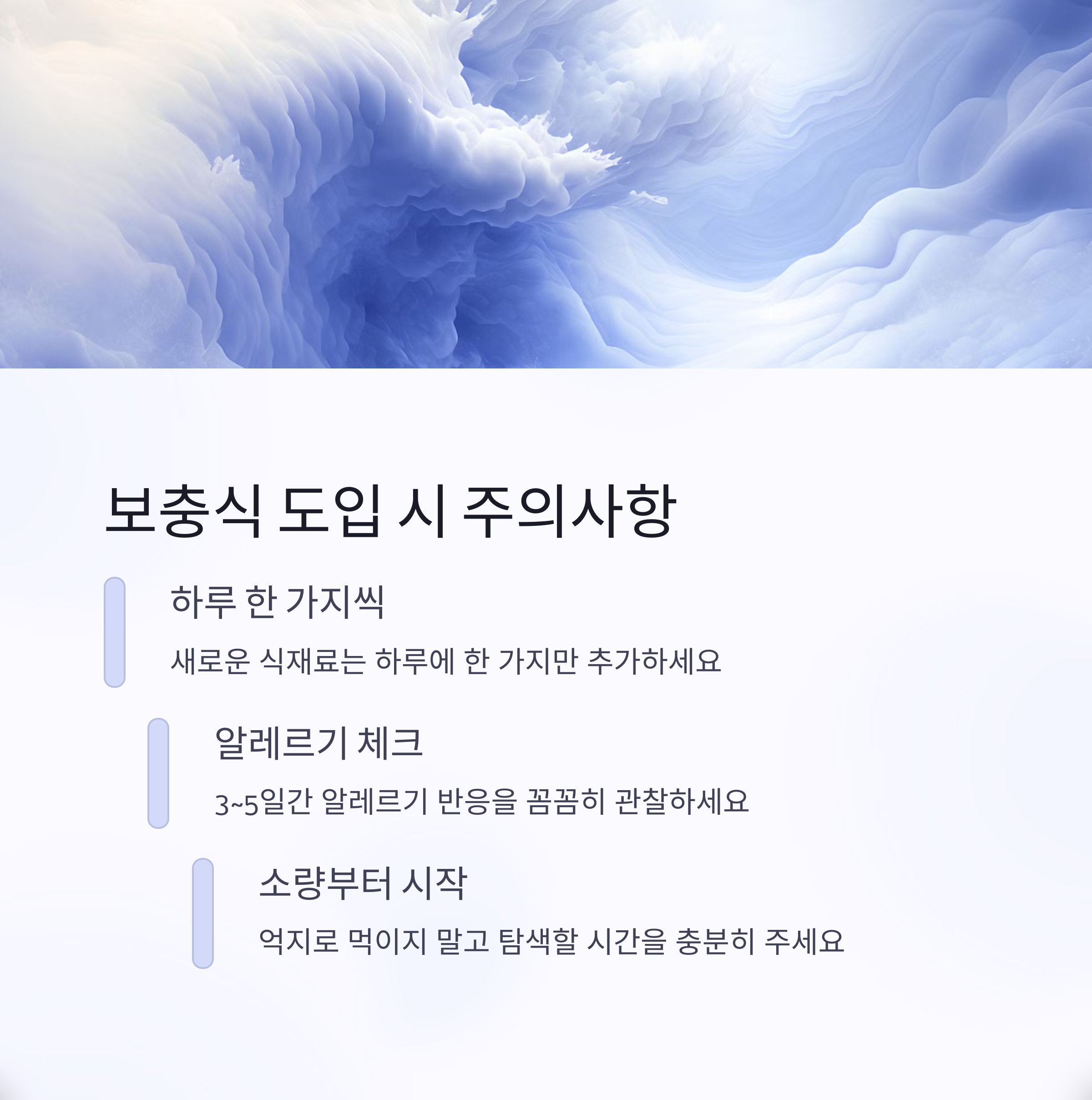 이유기 보충식 – 하루 한 가지씩, 알레르기 체크 등 도입 시 주의사항 안내