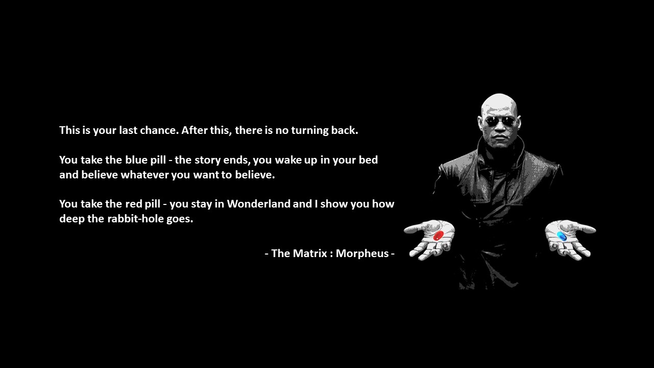 This is your last chance.

After this&#44; there is no turning back.

You take the blue pill - the story ends&#44; you wake up in your bed and believe whatever you want to believe.

You take the red pill - you stay in Wonderland and I show you how deep the rabbit-hole goes.

- The Matrix : Morpheus -