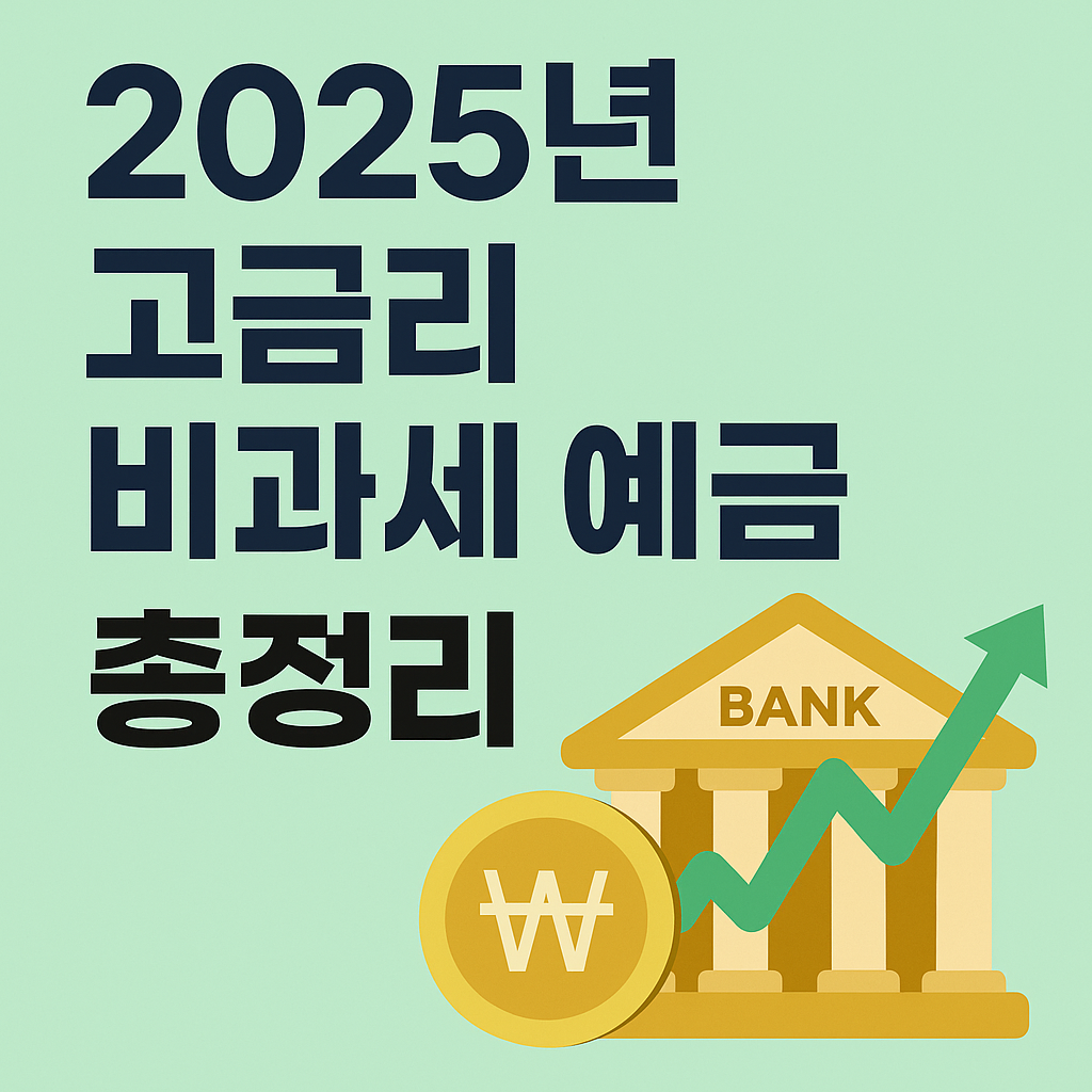 2025년 고금리 비과세 예금 총정리 썸네일 이미지 – 은행 아이콘과 상승 그래프, 원화 기호가 포함된 디자인