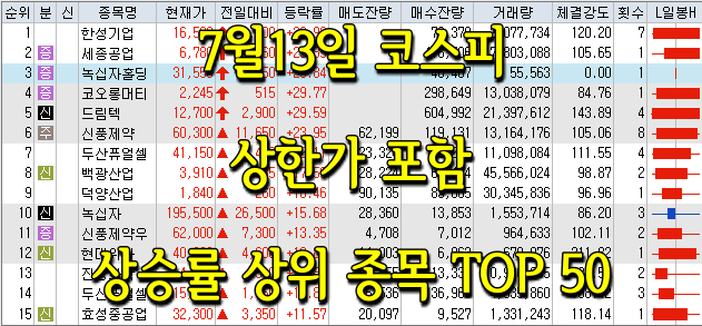  7월13일 코스피/코스닥 상한가 포함 상승률 상위 종목 TOP 50
