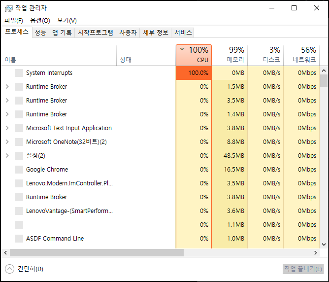  [윈도우] System Interrupts CPU 100% 점유율 1분 해결 방법