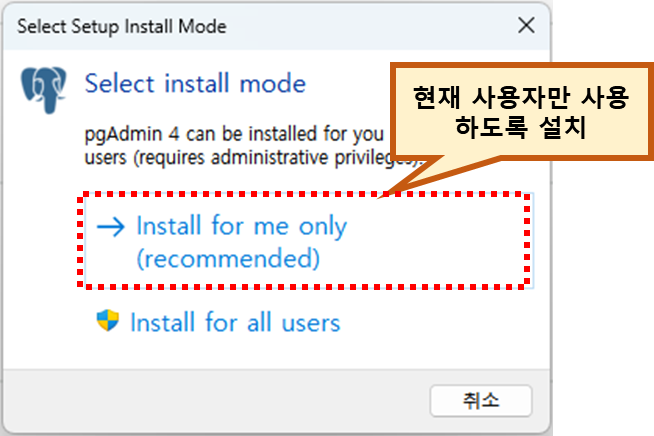 pgAdmin4 설치시 설치모드 선택 화면