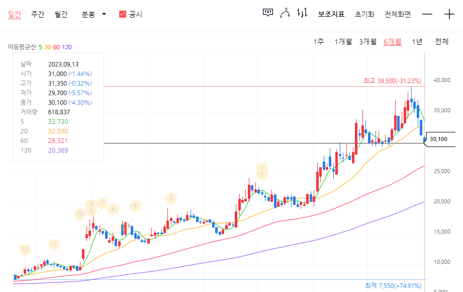 2023년 9월 13일 기준 주식차트