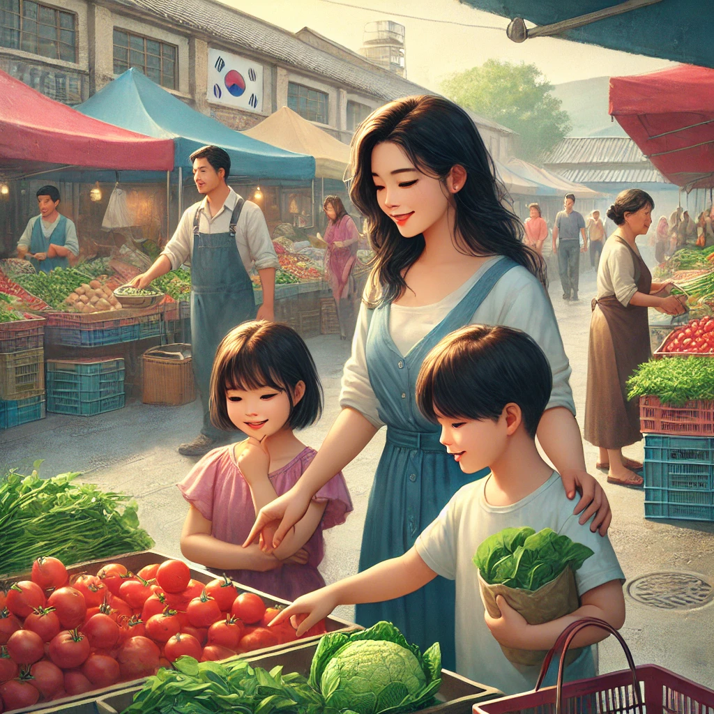 전통시장에서 채소를 고르는 엄마와 아이들&amp;#44; 바우처 사용 가능한 장소와 분위기 표현