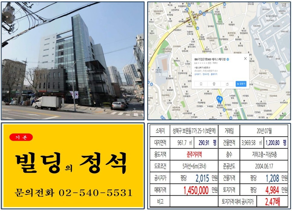  [성북구 홈플러스 100억 꼬마빌딩 실거래가 조회] 보문동7가 25-1 (보문역) 145억 원, 평당 4,984만 원 매매되었습니다. 기업은행,