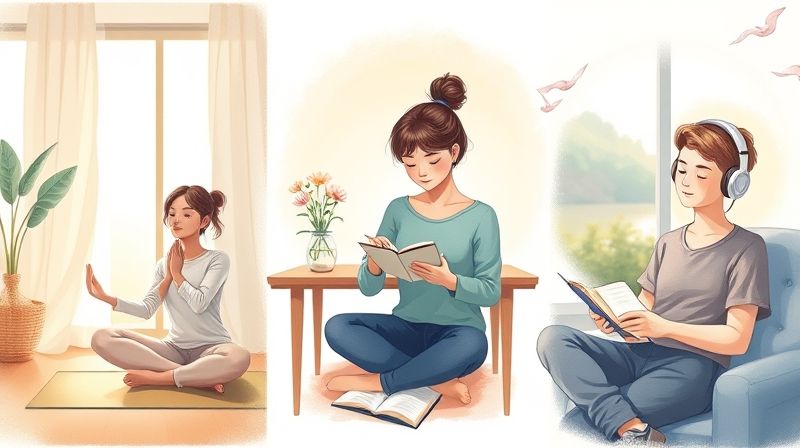 가벼운 요가, 일기 쓰기, 음악 감상 등 차분하고 긍정적인 분위기 속 셀프케어 활동 그림