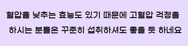  혈압을 낮추는 효능도 있기 때문에 고혈압 걱정을 하시는 분들은 꾸준히 섭취하셔도 좋을 듯 하네요.
