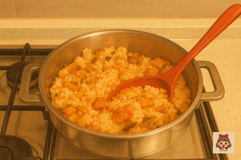 돼지고기를 넣고 볶은 김치볶음밥을 냄비에 담아낸 아침 식사 ❘ A morning meal of kimchi fried rice with pork served in a pot