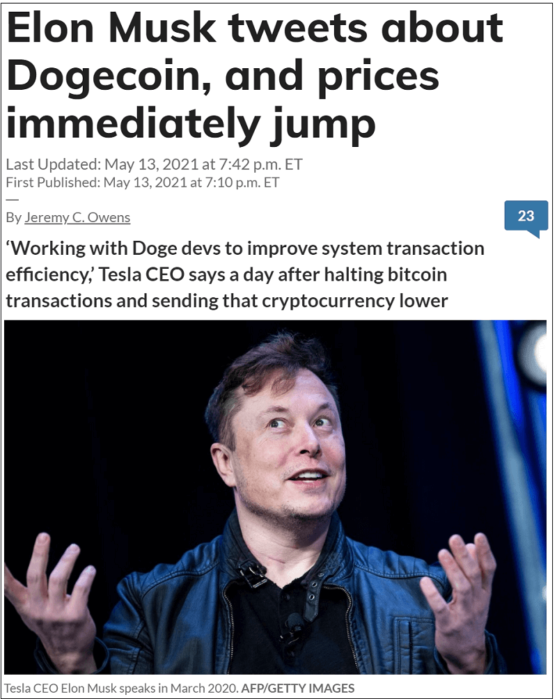  일론 머스크, 비트코인 버리고 도지코인으로 가나 Elon Musk tweets about Dogecoin, and prices immediately jump