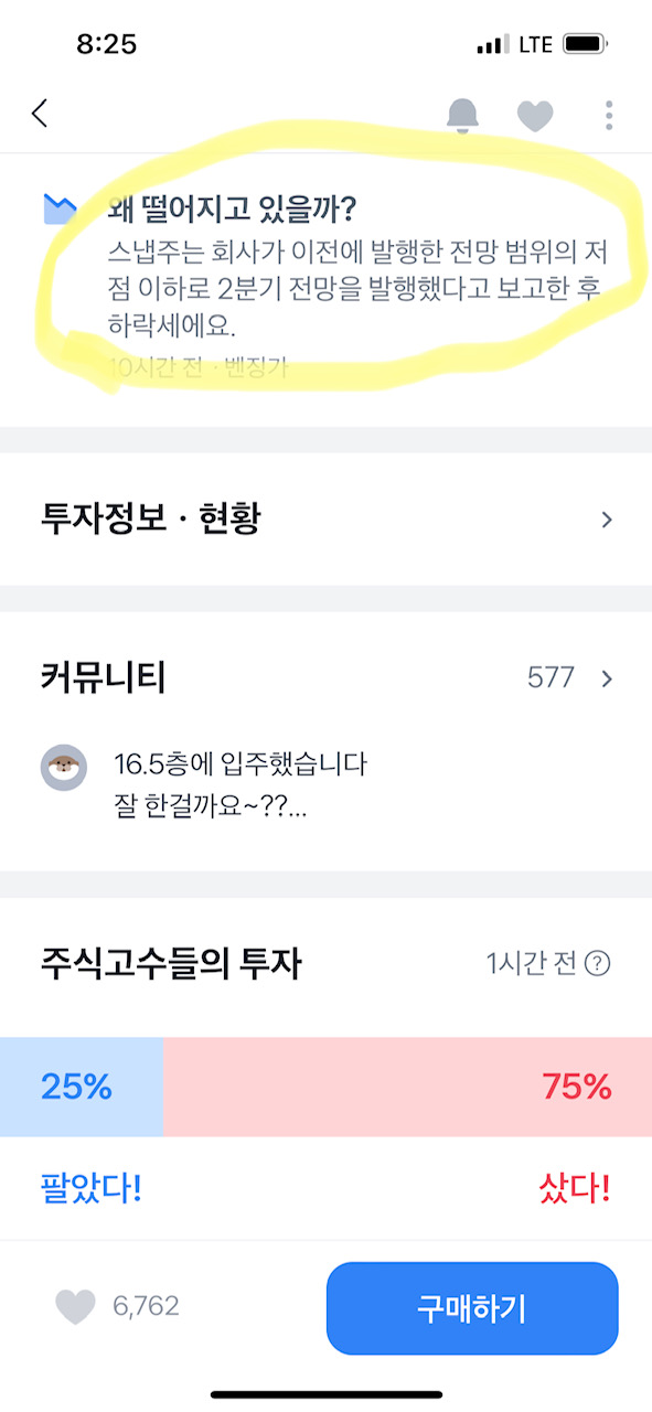 스냅주에 대한 매수, 매도의견 캡쳐