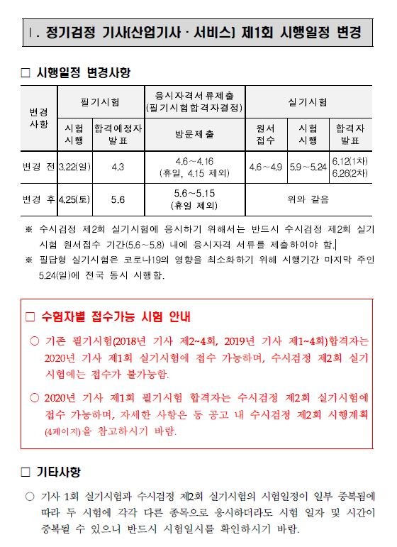  2020년도 1회 정기검정(산업)기사 시험 일정
