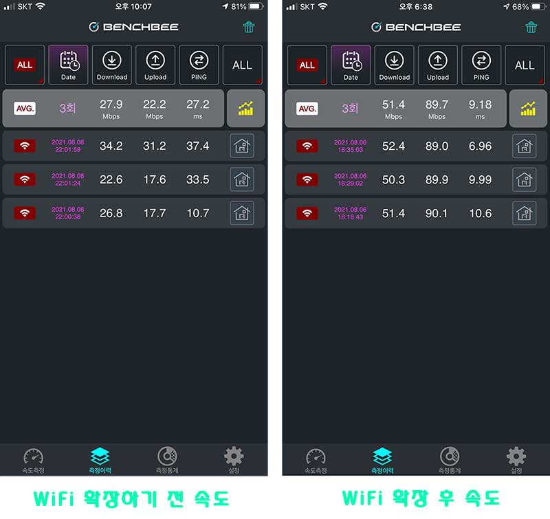 확장되기 전과 후 WiFi 속도비교