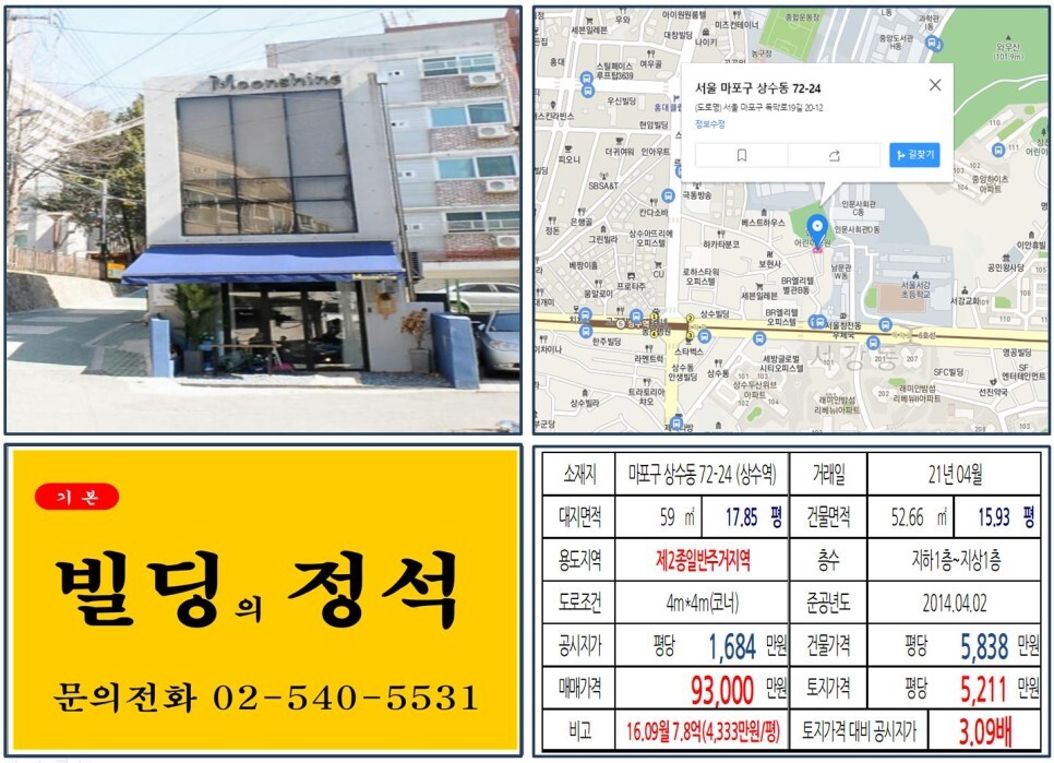  [마포구 홍대 기숙사 꼬꼬마빌딩 실거래가 조회] 상수동 72-24 (상수역) 9.3억 원, 평당 5,211만 원 매매되었습니다. 바나나하루키
