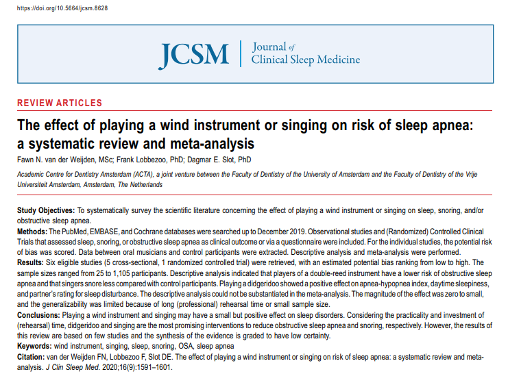 관악기 연주나 노래가 수면 무호흡증 위험에 미치는 영향 연구 논문