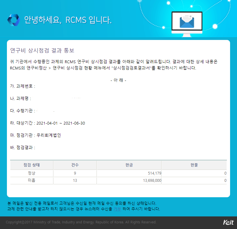  RCMS 연구비 상시점검